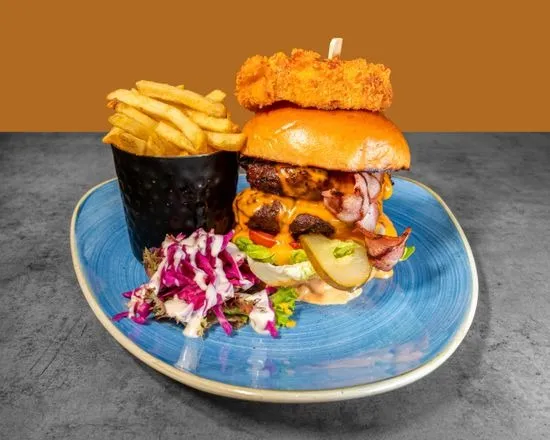 Stacked burger and fries